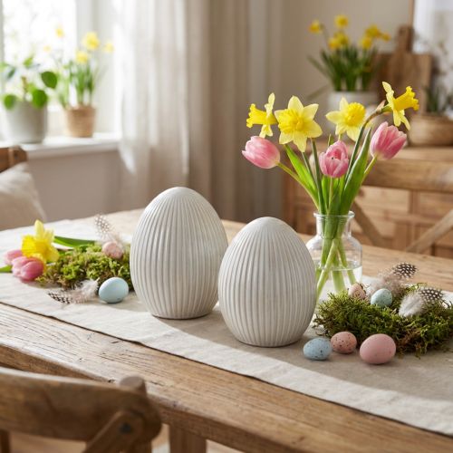 Œufs en céramique décoratifs blanc gris rainuré 10 × 12,5 cm – Lot de 2 | Floristik24.fr