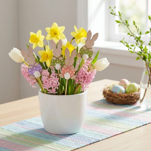 Article Décoration en bois Lapins colorés sur piques - 6 cm - Lot de 12