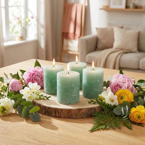 Bougies rustiques vert jade 70×80 mm - Lot de 4 | Floristik24.fr