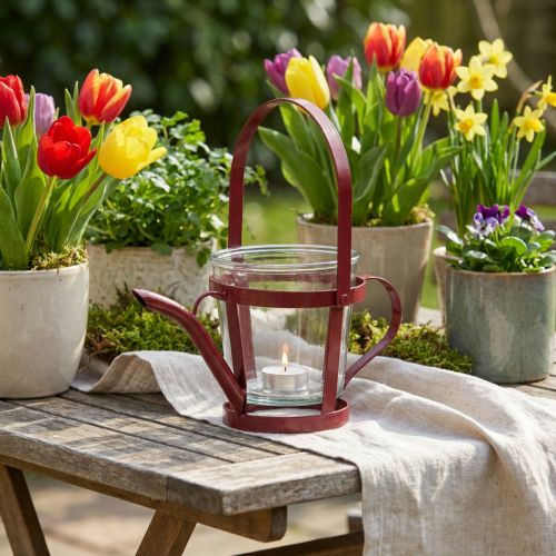 Duo décoratif arrosoir métal rouge avec photophore en verre Ø14cm H13cm | Floristik24.fr