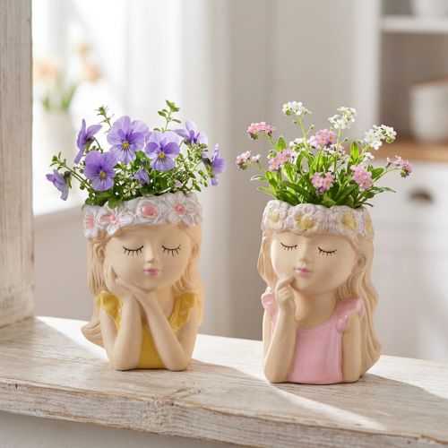 Cache-pot décoratif en céramique fille avec couronne de fleurs Ø7,5cm H16cm lot de 2 | Floristik24.fr