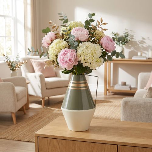 Vase métallique vintage avec anse – Finition crème, gris et or – H31cm, Ø19cm | Floristik24.fr