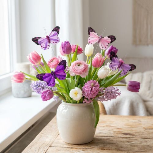 Lot de 12 papillons décoratifs en plumes avec fil métallique – Rose et violet, 9,5 cm | Floristik24.fr