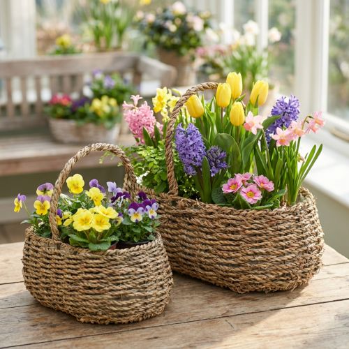 Paniers à Plantes avec Anse en Bois et Film Plastique, Lot de 2 | Floristik24.fr