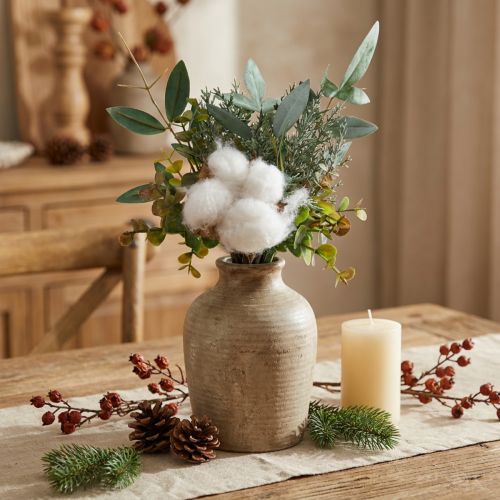 Bouquet de fleurs artificielles vert et blanc avec coton 33 cm | Floristik24.fr