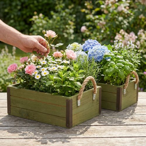Set de 2 jardinières rectangulaires en bois vert style vintage avec poignées en corde | Floristik24.fr
