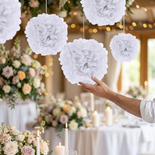 Pompon décoratif en papier blanc Ø30 cm - Lot de 5 | Floristik24.fr