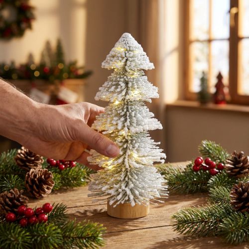 Mini sapin de Noël LED enneigé 28 cm en bois | Floristik24.fr