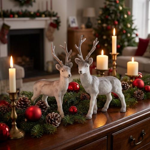 Duo de cerfs décoratifs effet neige 27,5 cm en lot | Floristik24.fr