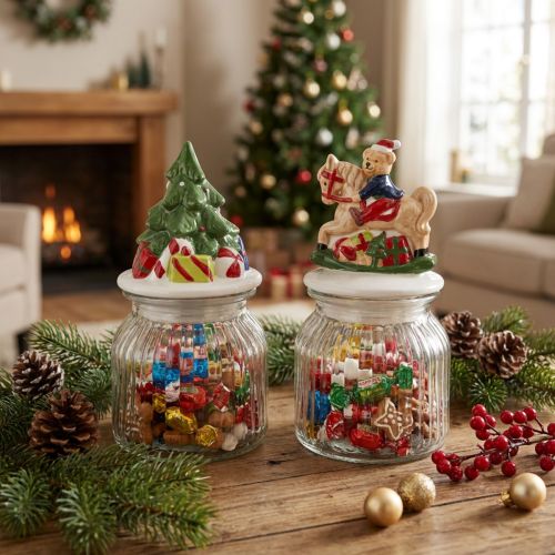 Article Set de 2 bonbonnières de Noël en verre avec couvercle en céramique décorative H20cm