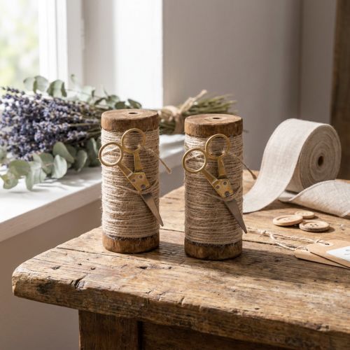 Bobine de laine avec ciseaux décoratifs Ø6,5 cm H15 cm (2 pièces) Style vintage | Floristik24.fr