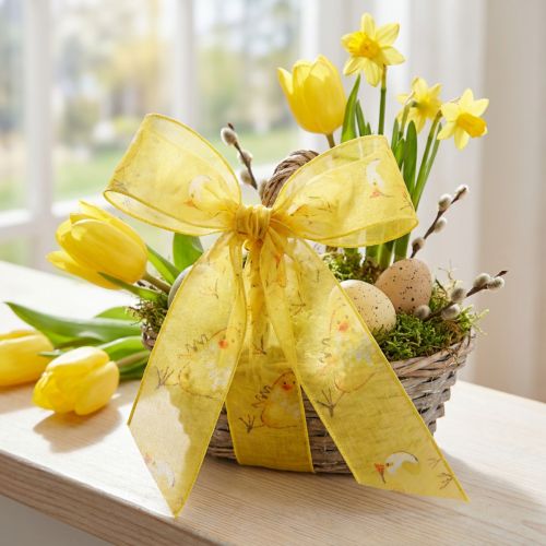 Ruban d'organza à motifs de poussins, ruban cadeau, jaune, 25 mm, 20 m | Floristik24.fr