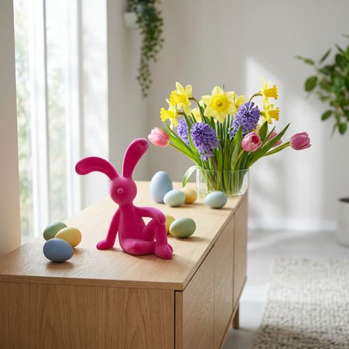 Article Décoration Lapin Moderne en Finition Velours Rose - 38 cm