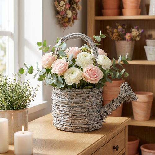 Arrosoir décoratif en rotin tressé blanc 26 cm pour décoration intérieure | Floristik24.fr