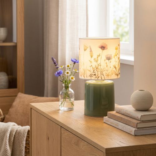 Article Lampe de table LED motif floral en verre vert 23 cm