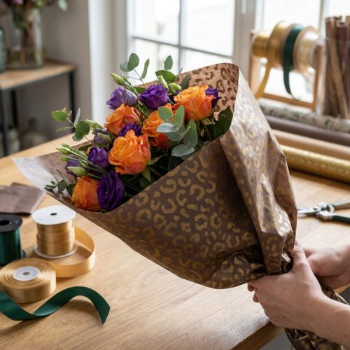 Article Tissu en soie à motif léopard floral marron résistant à l'humidité 50 x 75 cm, lot de 20 pièces