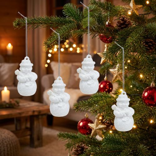 Décorations de Noël - Bonhommes de Neige Blancs avec Paillettes 4,5 cm - Lot de 12 | Floristik24.fr