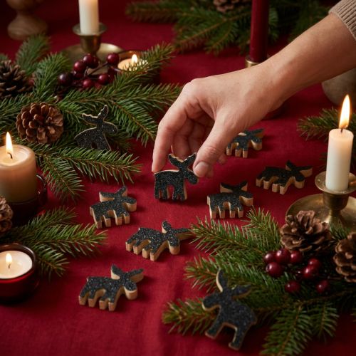 Décorations en bois Élan noir pailleté 5,5 cm - Lot de 12 | Floristik24.fr