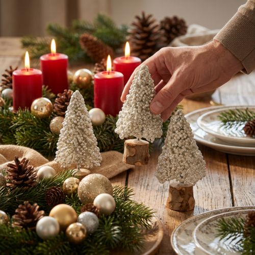 Lot de 12 mini sapins décoratifs effet neige champagne et blanc H8 cm | Floristik24.fr