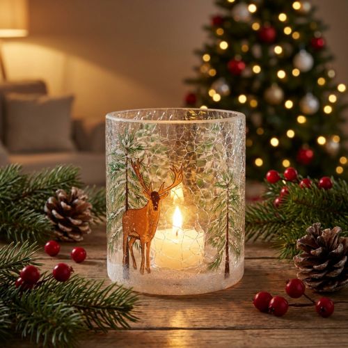 Photophore en Verre Effet Craquelé avec Motif Hiver et Cerf, 13 cm | Floristik24.fr