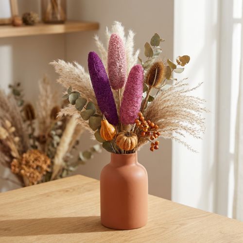 Article Luffa séchée sur tige 42-60 cm rose et violet, lot de 25