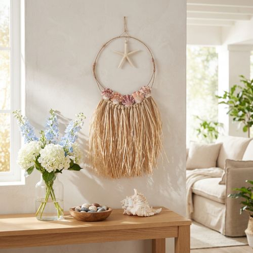 Décoration murale marine avec véritable étoile de mer en rotin et coquillages D26,5cm H65cm | Floristik24.fr