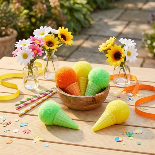 Article Décoration mini cônes glacés en mousse, 3,5 cm, vert, jaune, orange, lot de 18 pièces