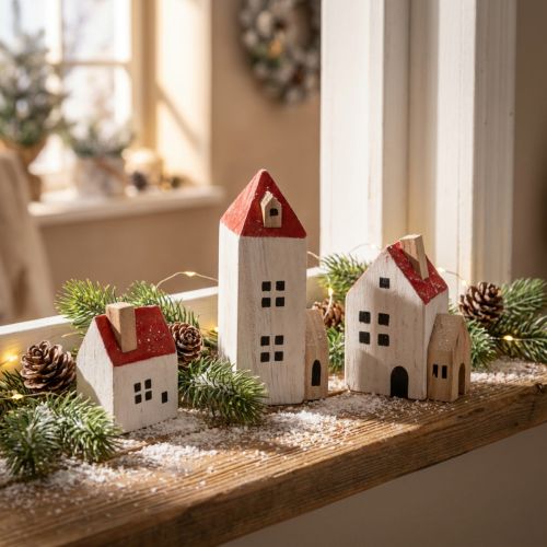 Article Ensemble de maisons décoratives en bois, rouge et blanc, décoration hivernale composée de plusieurs éléments, 13 cm, 6 pièces