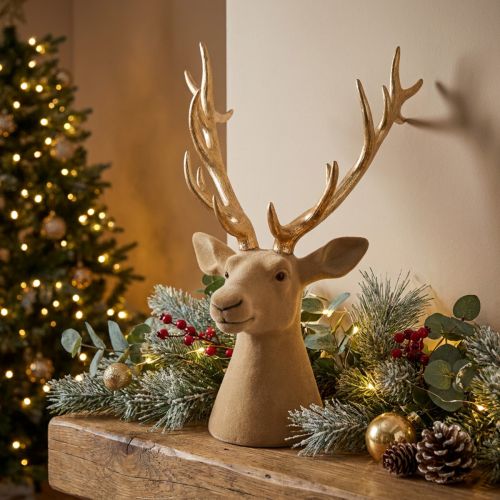 Tête de cerf décorative en plastique 52 cm marron et or pour intérieur | Floristik24.fr