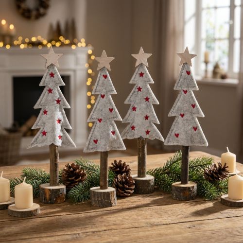 Tannenbaum décoratif en feutrine beige et rouge avec étoiles et cœurs, H21cm, lot de 4 | Floristik24.fr
