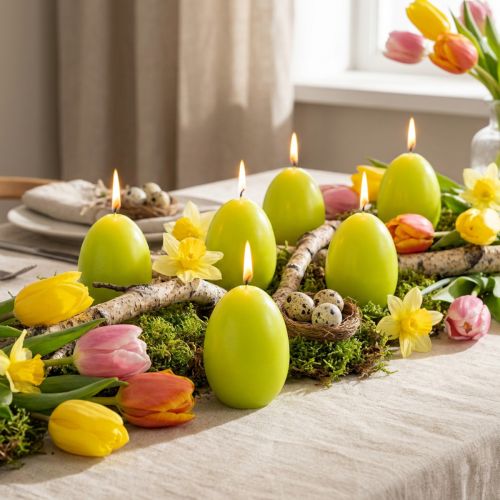 Bougies en forme d’œuf vert lime 9 cm lot de 6 | Floristik24.fr