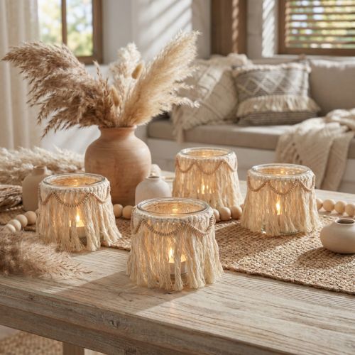 Set de 4 photophores en verre avec franges en macramé crème Ø9,5 cm | Floristik24.fr