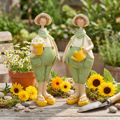 Figurines Décoratives de Jardinier en Vert et Jaune 16,5×5,5 cm Lot de 2 | Floristik24.fr