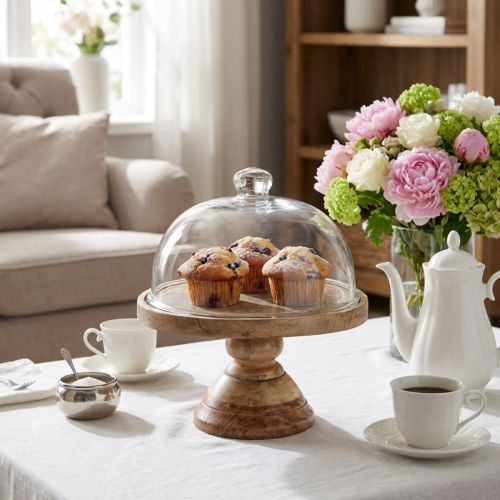 Plateau en bois avec cloche en verre Ø27cm H31cm | Floristik24.fr