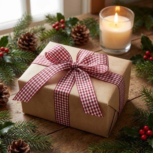Ruban cadeau Carreaux Bordeaux 8mm 20m | Floristik24.fr