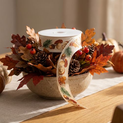 Article Ruban décoratif avec motif champignons et feuilles d'automne 25mm x 18m