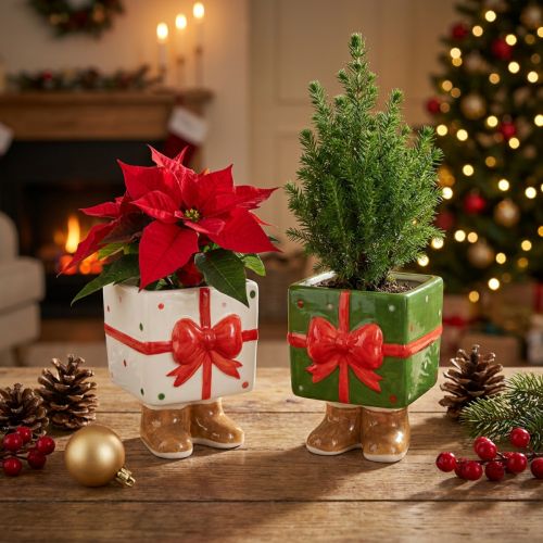 Cache-pot de Noël en céramique avec pieds et design cadeau, vert et blanc | Floristik24.fr