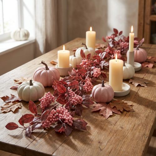 Article Guirlande de Feuilles Roses avec Baies Décoratives pour l'Automne 125 cm
