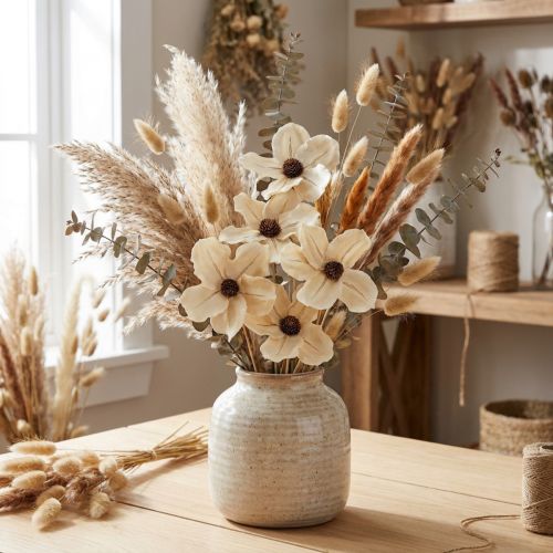 Article Fleur sèche en bois blanchie sur tige 45 cm Ø 9-12 cm - Lot de 15