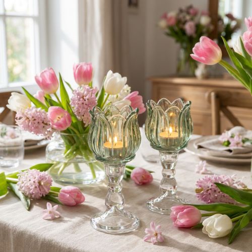 Lot de 2 photophores en verre vert tulipe Ø7cm H16cm | Floristik24.fr