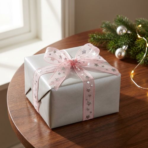 Article Ruban de Noël organza rose avec motif étoile 15mm 20m