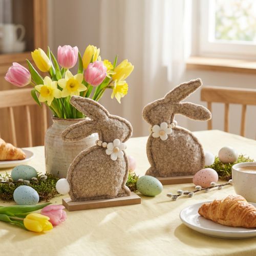 Set de 6 figurines lapin de Pâques en peluche avec socle en bois 18 cm | Floristik24.fr