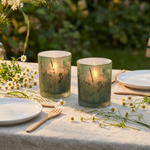 Lot de 2 photophores en verre vert et blanc avec motif prairie – H 12,5 cm | Floristik24.fr
