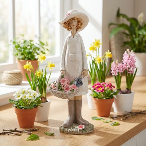 Figurine décorative femme jardinière avec fleurs H21 cm | Floristik24.fr