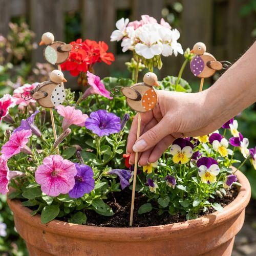 Article Oiseaux décoratifs en bois sur piques 33 cm - Lot de 16