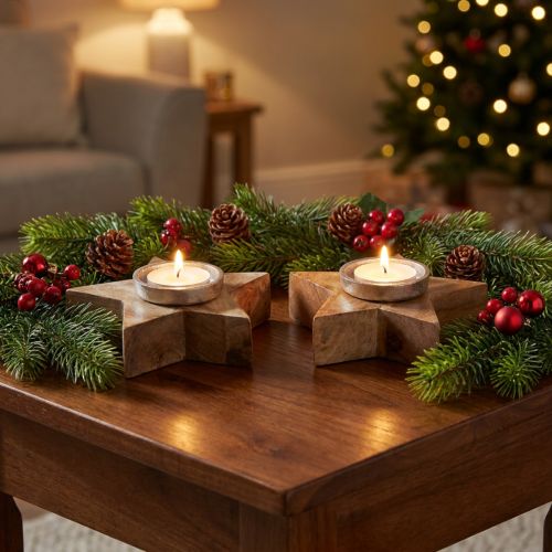Lot de 2 porte-bougies étoile en bois naturel et métal argenté, 15x15x5cm | Floristik24.fr
