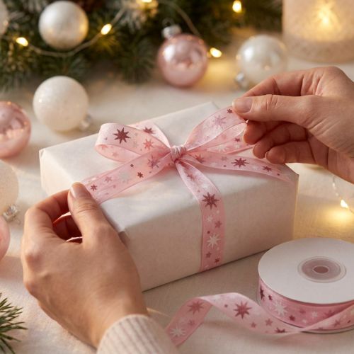 Ruban ruban cadeau de Noël motif étoile rose 15mm 20m | Floristik24.fr