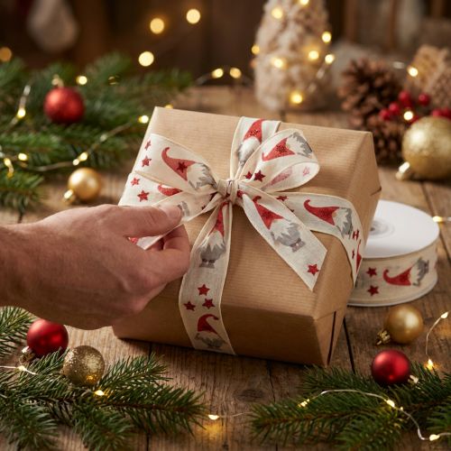 Ruban cadeau Ruban de Noël gnome crème 25mm 20m | Floristik24.fr