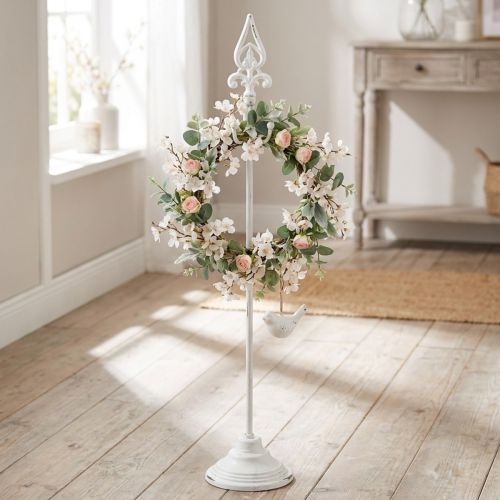 Support pour couronnes décoratives en métal blanc avec 4 crochets, 76 cm | Floristik24.fr