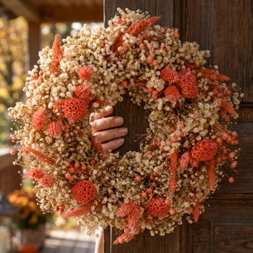 Couronne décorative fleurs séchées couronne de fleurs orange crème Ø25cm | Floristik24.fr